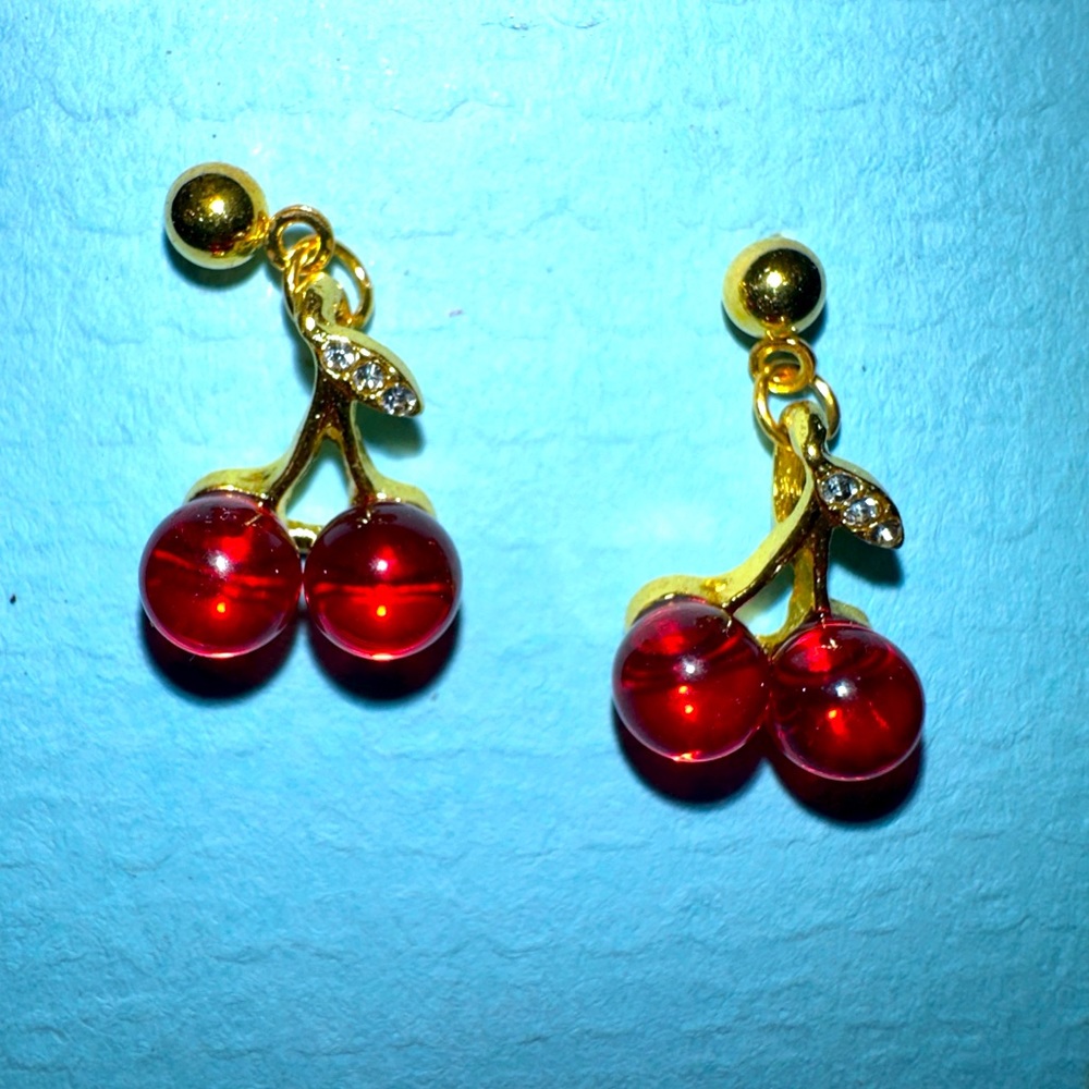 Cherry earrings. Cherries. Gold and red. New. Small.